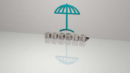 3D representation of summer with icon on the wall and text arranged by metallic cubic letters on a mirror floor for concept meaning and slideshow presentation. background and beautifulの写真素材