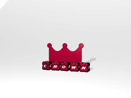 3D representation of crown with icon on the wall and text arranged by metallic cubic letters on a mirror floor for concept meaning and slideshow presentation. illustration and backgroundの写真素材