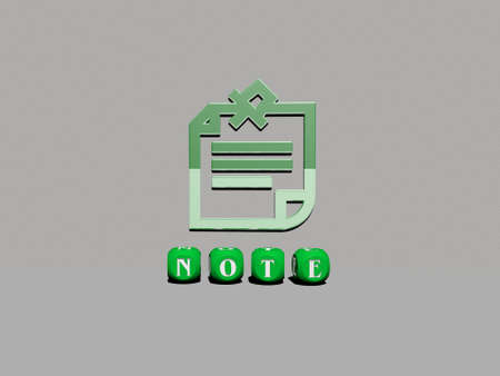 3D illustration of NOTE graphics and text made by metallic dice letters for the related meanings of the concept and presentations. business and backgroundの写真素材