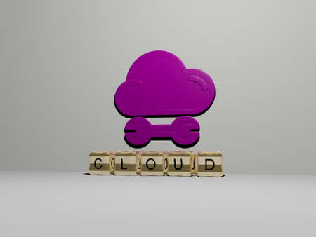 3D representation of cloud with icon on the wall and text arranged by metallic cubic letters on a mirror floor for concept meaning and slideshow presentation. background and blueの写真素材