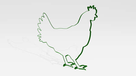 chicken outline from a perspective with the shadow. A thick sculpture made of metallic materials of 3D rendering. background and foodの写真素材