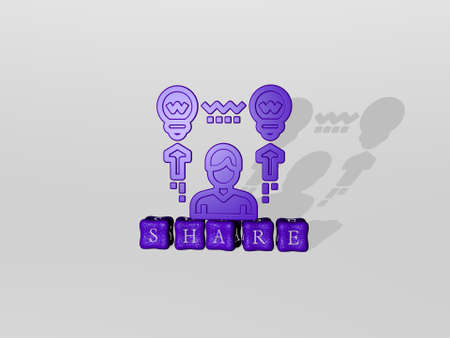 3D representation of share with icon on the wall and text arranged by metallic cubic letters on a...