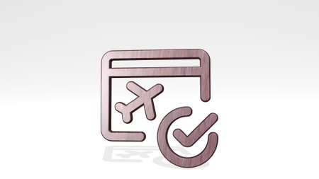 PLANE BOARDING PASS CHECK casting shadow with two lights. 3D illustration of metallic sculpture over a white background with mild texture. airplane and aircraftの写真素材