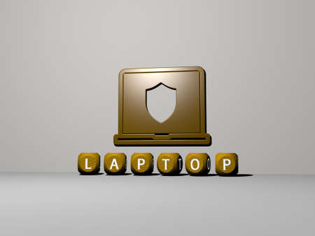 3D illustration of LAPTOP graphics and text made by metallic dice letters for the related meanings...