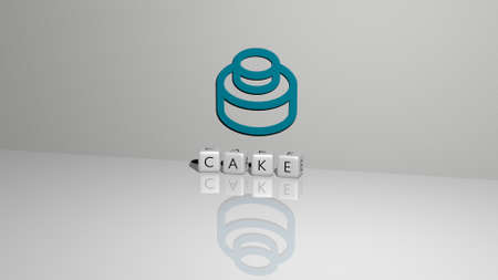 3D graphical image of CAKE vertically along with text built by metallic cubic letters from the top...