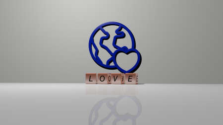 3D illustration of LOVE graphics and text made by metallic dice letters for the related meanings of...