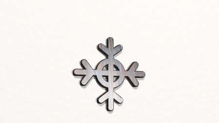 ice snowflake on the wall. 3D illustration of metallic sculpture over a white background with mild texture. cold and creamの写真素材
