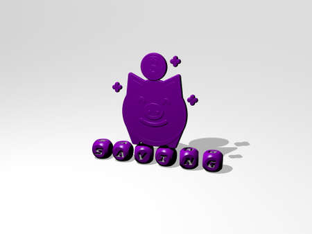 3D graphical image of saving vertically along with text built by metallic cubic letters from the top...