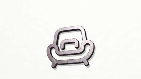 sofa double modern made by 3D illustration of a shiny metallic sculpture on a wall with light background. home and roomの写真素材