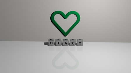 3D graphical image of heart vertically along with text built by metallic cubic letters from the top perspective, excellent for the concept presentation and slideshows. illustration and backgroundの写真素材