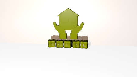 3D representation of HOUSE with icon on the wall and text arranged by metallic cubic letters on a mirror floor for concept meaning and slideshow presentation. building and architectureの写真素材