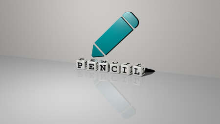 3D graphical image of pencil vertically along with text built by metallic cubic letters from the top...