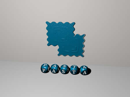 3D illustration of pasta graphics and text made by metallic dice letters for the related meanings of...