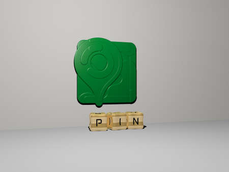 3D illustration of pin graphics and text made by metallic dice letters for the related meanings of...