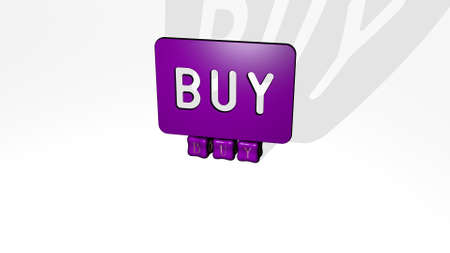 3D graphical image of BUY vertically along with text built by metallic cubic letters from the top perspective, excellent for the concept presentation and slideshows. business and illustrationの写真素材