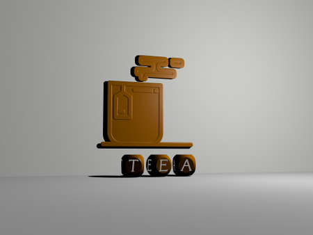 3D illustration of tea graphics and text made by metallic dice letters for the related meanings of...