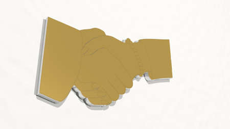 shaking hands from a perspective on the wall. A thick sculpture made of metallic materials of 3D rendering. business and businessmanの写真素材