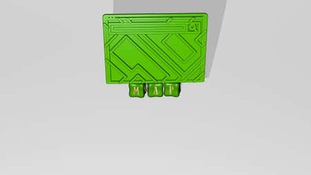 3D representation of MAP with icon on the wall and text arranged by metallic cubic letters on a...