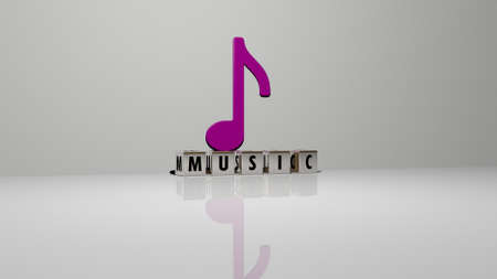 3D graphical image of MUSIC vertically along with text built by metallic cubic letters from the top perspective, excellent for the concept presentation and slideshows. illustration and backgroundの写真素材