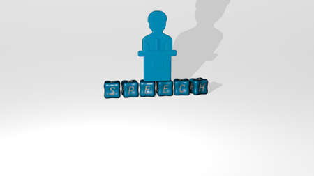 3D graphical image of SPEECH vertically along with text built by metallic cubic letters from the top...
