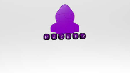 3D illustration of HACKER graphics and text made by metallic dice letters for the related meanings of the concept and presentations. computer and dataの写真素材