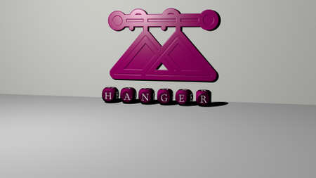 3D representation of HANGER with icon on the wall and text arranged by metallic cubic letters on a...