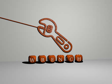 3D representation of WRENCH with icon on the wall and text arranged by metallic cubic letters on a mirror floor for concept meaning and slideshow presentation. illustration and backgroundの写真素材