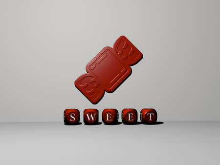 3D representation of sweet with icon on the wall and text arranged by metallic cubic letters on a mirror floor for concept meaning and slideshow presentation. background and illustrationの写真素材