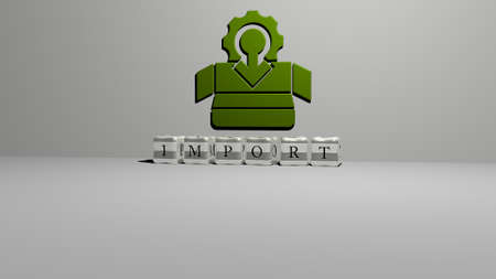 3D illustration of IMPORT graphics and text made by metallic dice letters for the related meanings...