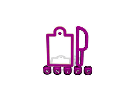 3D illustration of KNIFE graphics and text made by metallic dice letters for the related meanings of the concept and presentations. background and forkの写真素材