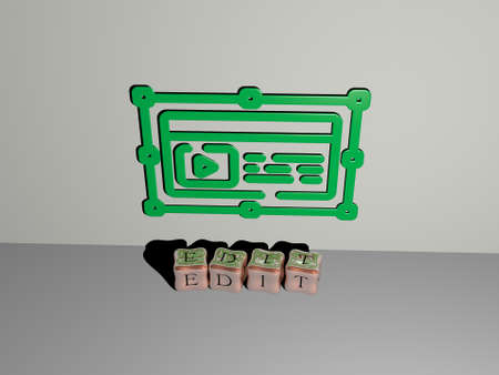 3D representation of edit with icon on the wall and text arranged by metallic cubic letters on a...