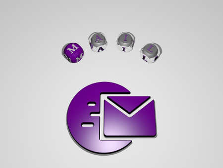 3D representation of MAIL with icon on the wall and text arranged by metallic cubic letters on a mirror floor for concept meaning and slideshow presentation. illustration and envelopeの写真素材
