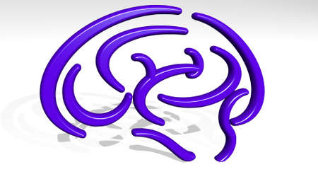 BRAIN made by 3D illustration of a shiny metallic sculpture with the shadow on light background....