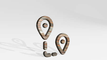 TRIP PINS made by 3D illustration of a shiny metallic sculpture casting shadow on light background. travel and vacationの写真素材