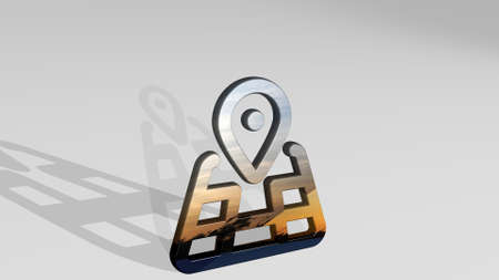 maps pin made by 3D illustration of a shiny metallic sculpture casting shadow on light background. icon and collectionの写真素材
