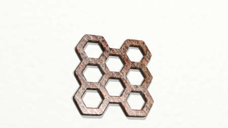 DNA made by 3D illustration of a shiny metallic sculpture on a wall with light background. biology...