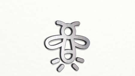 flying insect moth on the wall. 3D illustration of metallic sculpture over a white background with...
