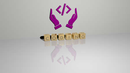3D graphical image of CODING vertically along with text built by metallic cubic letters from the top perspective, excellent for the concept presentation and slideshows. illustration and codeの写真素材