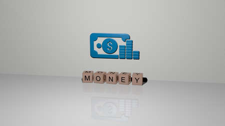 3D representation of MONEY with icon on the wall and text arranged by metallic cubic letters on a mirror floor for concept meaning and slideshow presentation. illustration and businessの写真素材