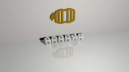 3D representation of BARREL with icon on the wall and text arranged by metallic cubic letters on a...