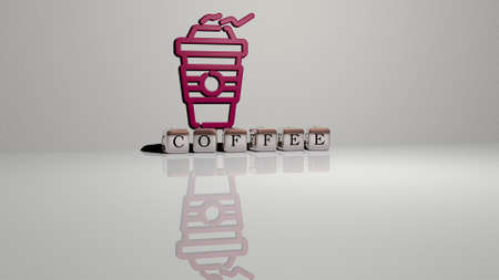 3D graphical image of coffee vertically along with text built by metallic cubic letters from the top...