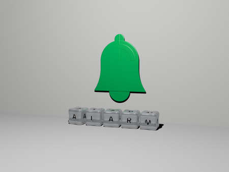 3D graphical image of ALARM vertically along with text built by metallic cubic letters from the top perspective, excellent for the concept presentation and slideshows. clock and illustrationの写真素材
