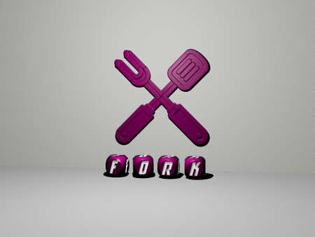 3D graphical image of FORK vertically along with text built by metallic cubic letters from the top perspective, excellent for the concept presentation and slideshows. background and foodの写真素材