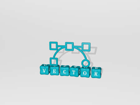 3D representation of VECTOR with icon on the wall and text arranged by metallic cubic letters on a mirror floor for concept meaning and slideshow presentationの写真素材