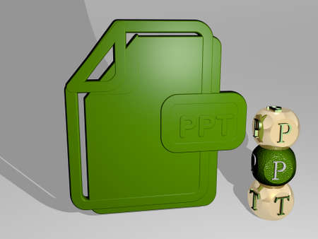3D graphical image of ppt vertically along with text built around the icon by metallic cubic letters from the top perspective, excellent for the concept presentation and slideshows. background and illustrationの写真素材