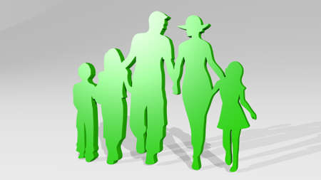 family walking together made by 3D illustration of a shiny metallic sculpture with the shadow on light background. child and happyの写真素材