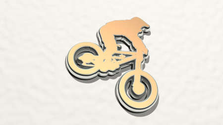 BMX CYCLIST on the wall. 3D illustration of metallic sculpture over a white background with mild texture. bike and bicycleの写真素材
