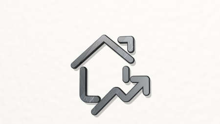 REAL ESTATE MARKET HOUSE RISE on the wall. 3D illustration of metallic sculpture over a white background with mild texture. concept and buildingの写真素材