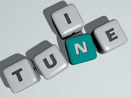 music: TUNE IN combined by dice letters and color crossing for the related meanings of the concept....