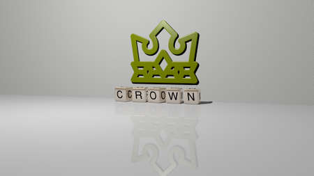 3D illustration of CROWN graphics and text made by metallic dice letters for the related meanings of...
